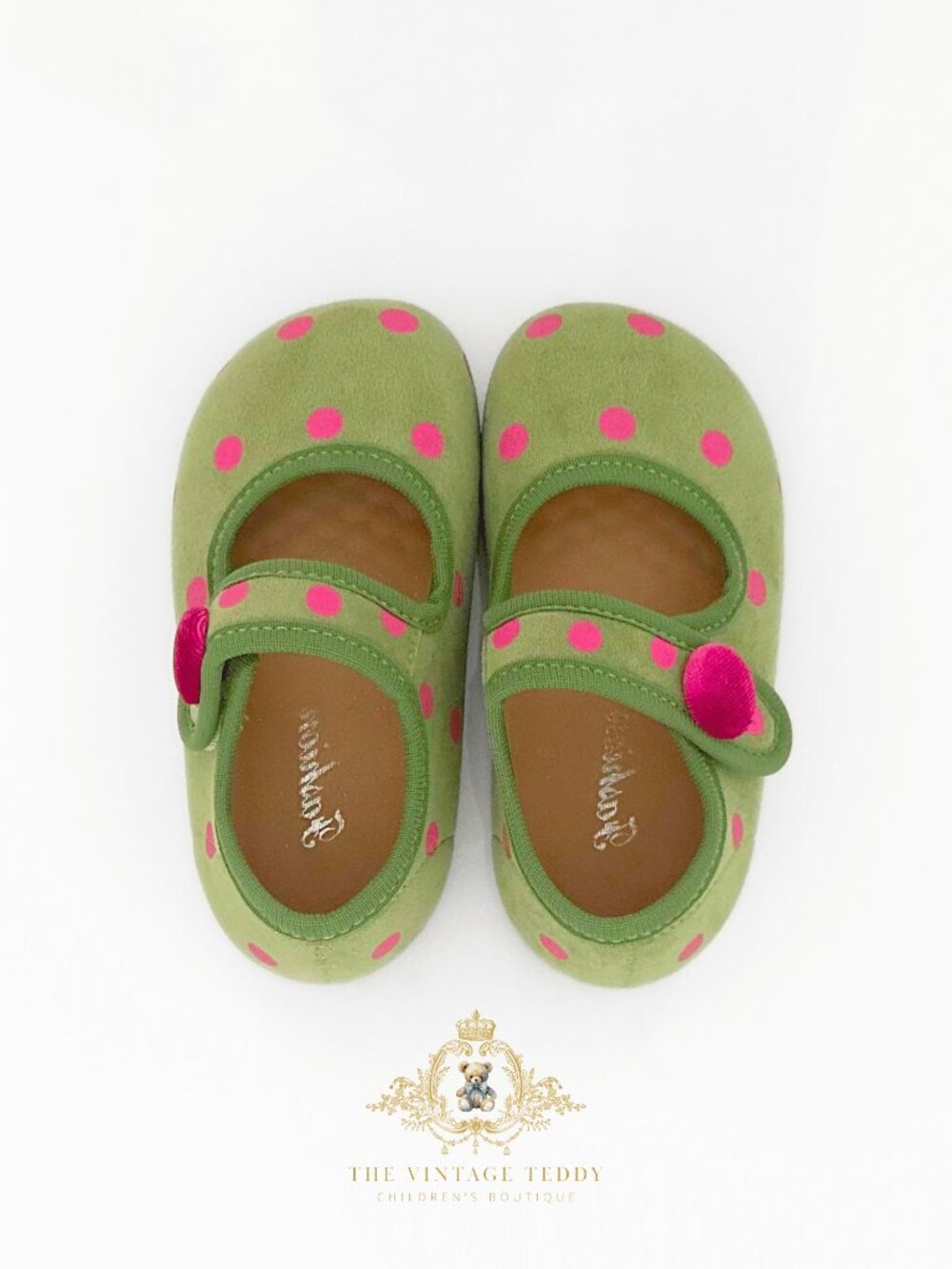NWT Adorable Girls Flats Children's Shoes Kids Shoes Green & Pink Polkadots 9